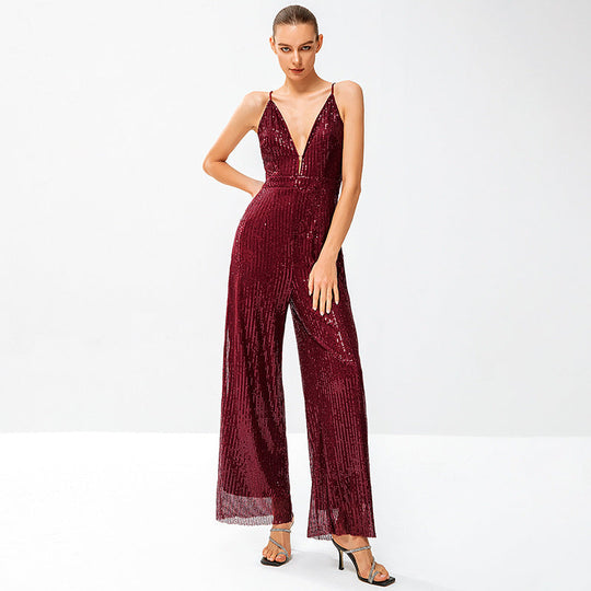 Damen Glitzernder Jumpsuit mit tiefem V-Ausschnitt und weitem Beinschnitt