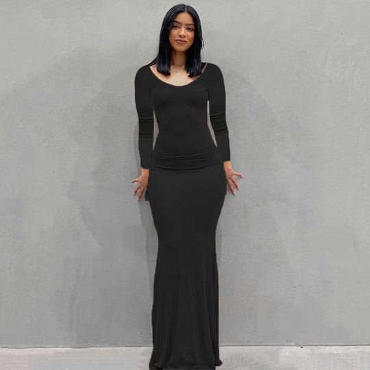 Damen Körperbetontes Maxi‑Jerseykleid mit taillierter Drapierung, langen Ärmeln und ausgestelltem Saum Shop Nory