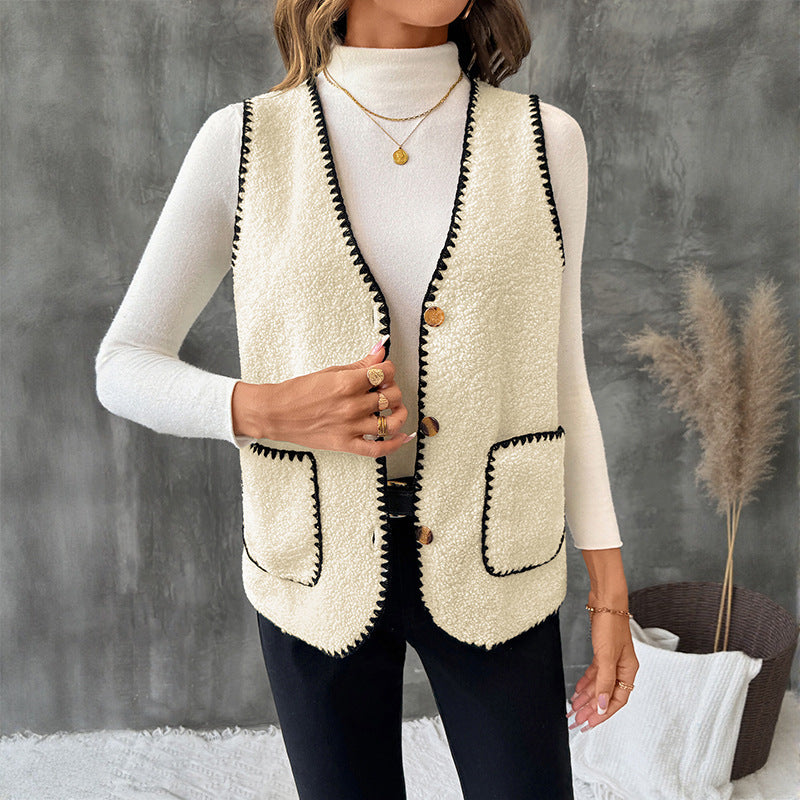 Damen Ärmellose Teddyweste mit Kontrast-Ziernähten und aufgesetzten Taschen Shop Nory