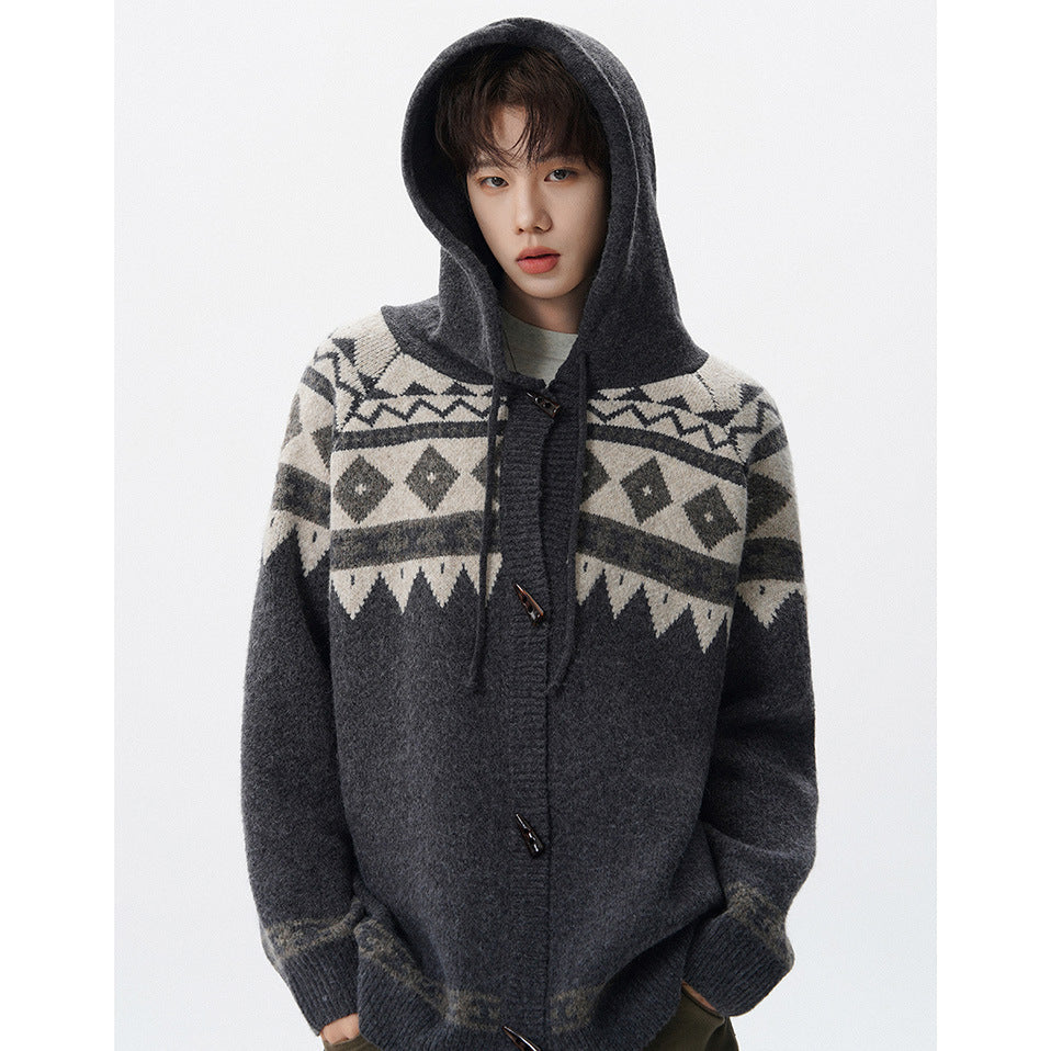 Herren Strickjacke mit Kapuze und grafischem Muster Shop Nory