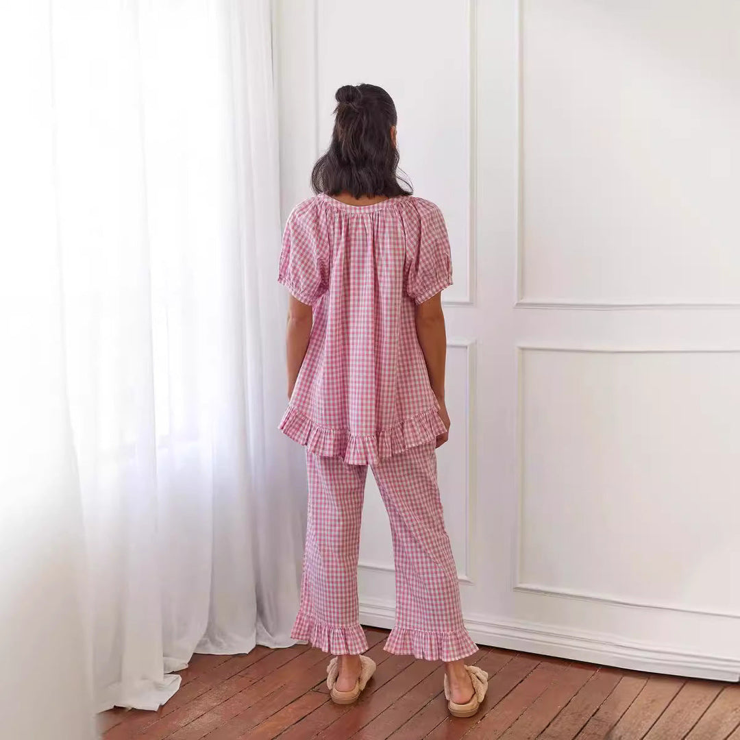 Damen Pyjama-Set mit Rüschen und Karomuster