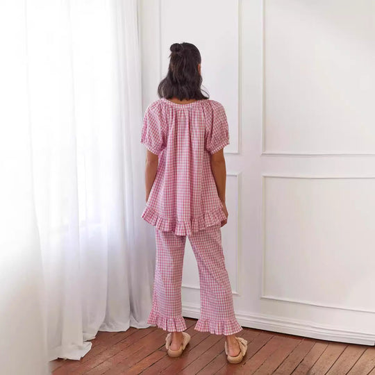 Damen Pyjama-Set mit Rüschen und Karomuster