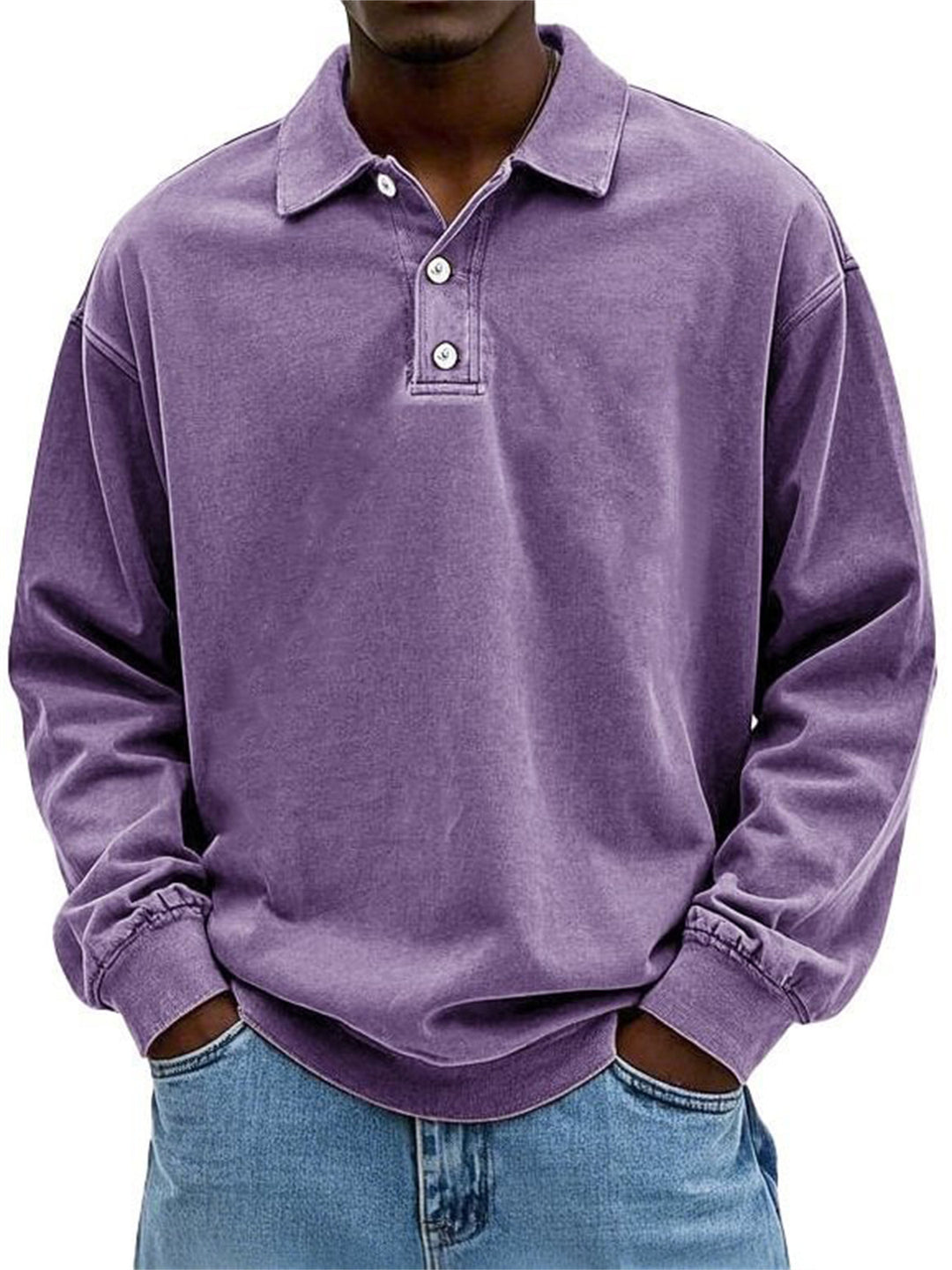 Herren Oversize Denim-Look Polo-Sweatshirt mit kurzer Knopfleiste und elastischen Bündchen EB