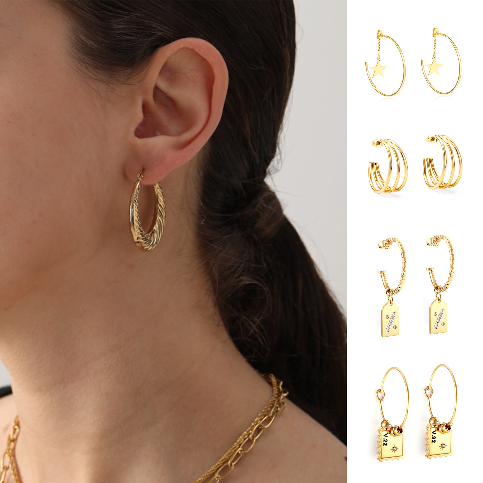 Damen Hängende Creolen mit strukturiertem Wellenmuster aus Edelstahl und hochwertiger Goldbeschichtung Shop Nory
