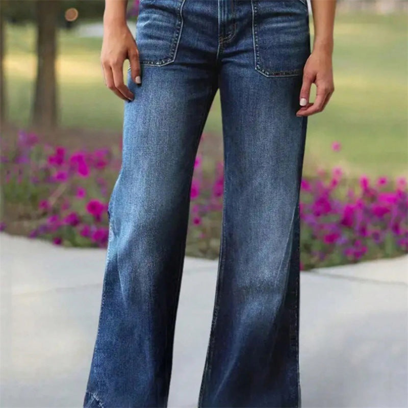 Damen Hochtaillierte Denim-Jeans mit weitem Schlagbein und aufgesetzten Vordertaschen Shop Nory