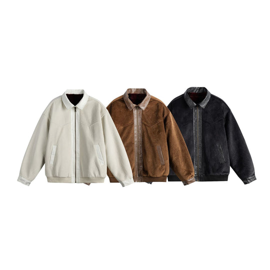 Unisex Oversize Blousonjacke aus Velours‑Suede mit Reptilprägung‑Besatz und wärmender Teddyungfutter Shop Nory