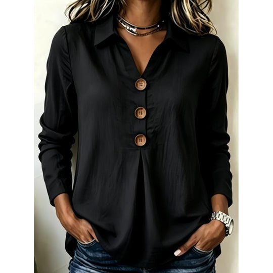 Damen Langarm-Bluse mit Holzknopfleiste und Vorderfalte Shop Nory
