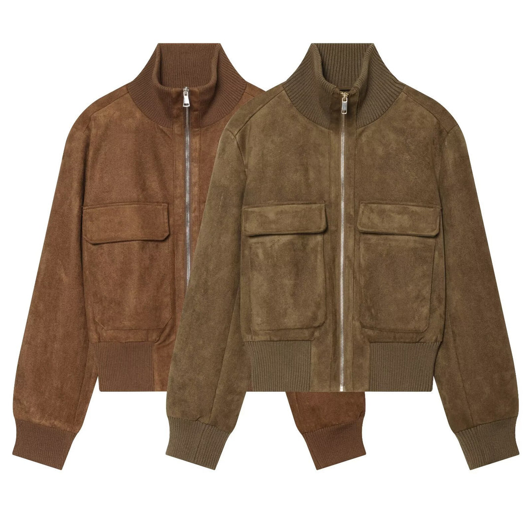 Damen Wildlederoptik-Bomberjacke mit Rippenkragen und aufgesetzten Taschen Shop Nory