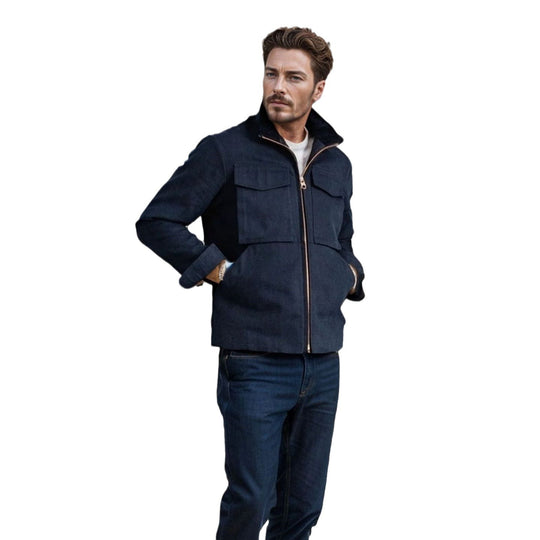 Herren Kurze Denim-Fieldjacke mit Stehkragen, Reißverschluss und aufgesetzten Brusttaschen Shop Nory