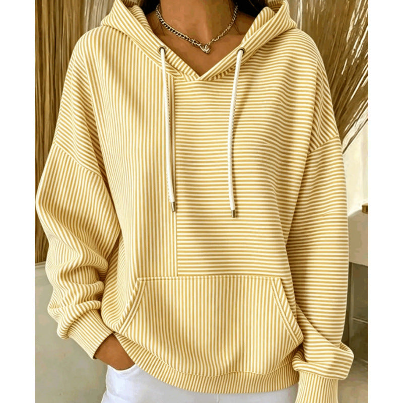 Damen Oversize Kapuzenpullover mit feinem Streifenprint, Kängurutasche und V-Ausschnitt-Kapuze Shop Nory
