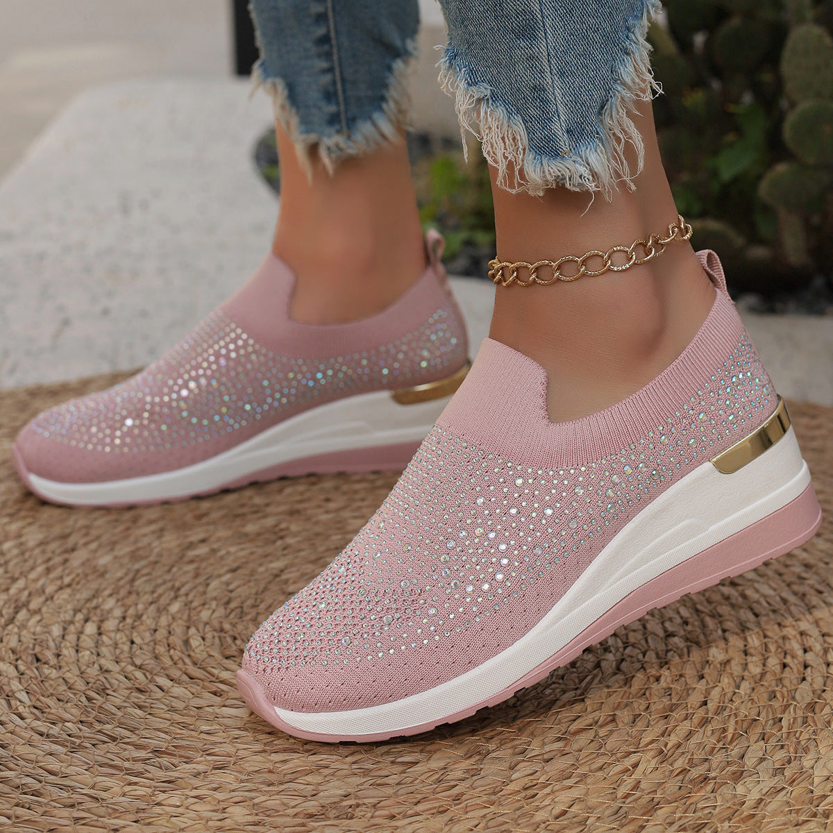 Damen Modische Sneaker mit Strass und Plateau Shopnory