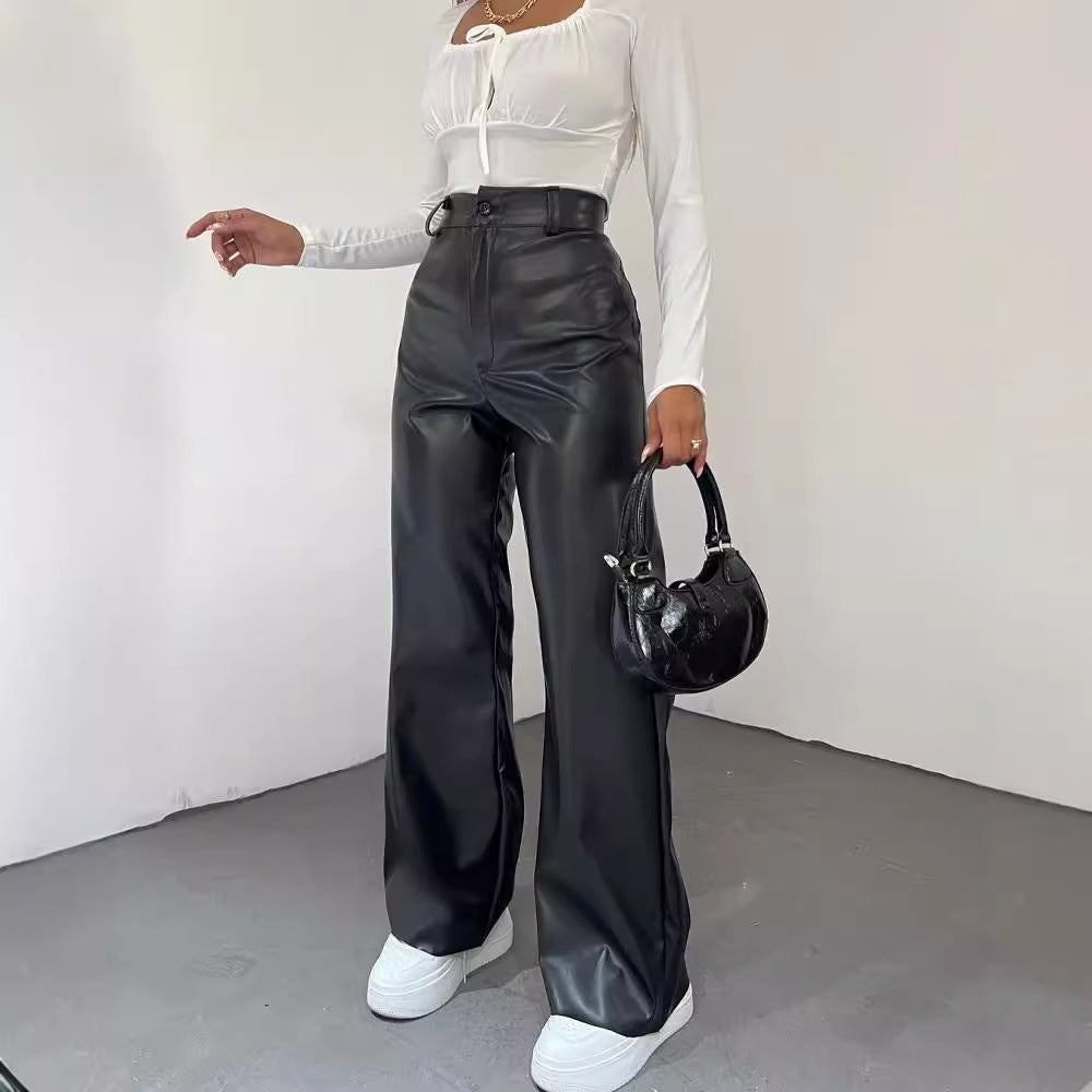 Damen Weite High-Waist-Hose aus Satinoptik mit weitem Bein Shop Nory