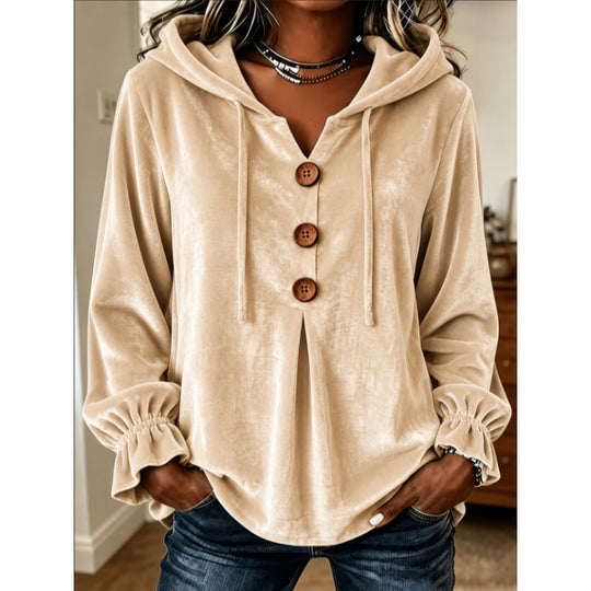 Damen Samt-Hoodie mit Holzknopfblende, Tunnelzug und gerafften Ärmeln Shop Nory