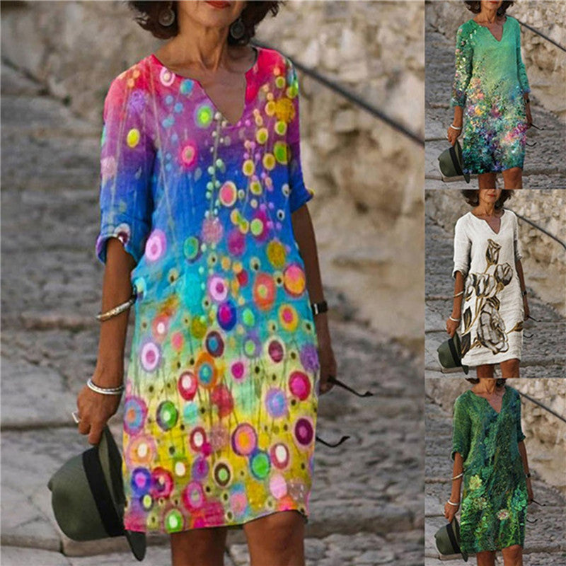 Damen Freizeitkleid mit floralem Design und V-Ausschnitt