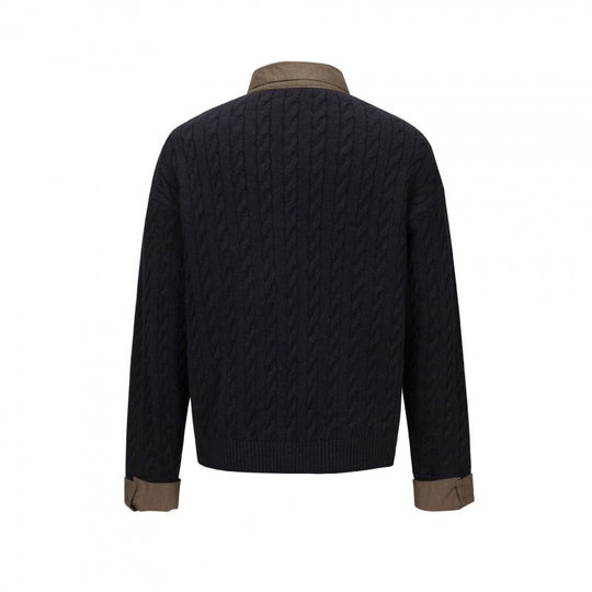 Herren Strukturiertes Zopfmuster-Henley-Strickshirt mit Kontrast-Hemdkragen und Umschlagmanschetten Shop Nory
