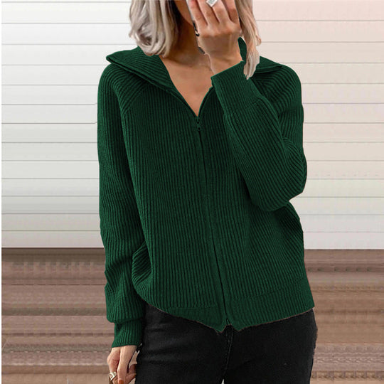 Damen bequeme Strickjacke mit hohem Kragen und durchgehendem Reißverschluss