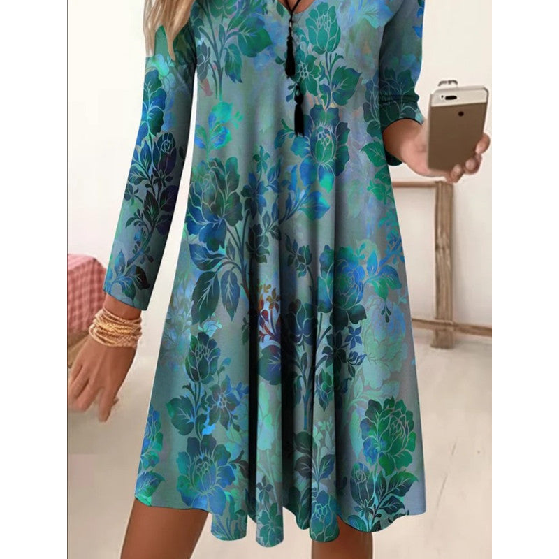 Damen V-Ausschnitt Freizeitkleid mit floraler Gestaltung und seitlichen Taschen