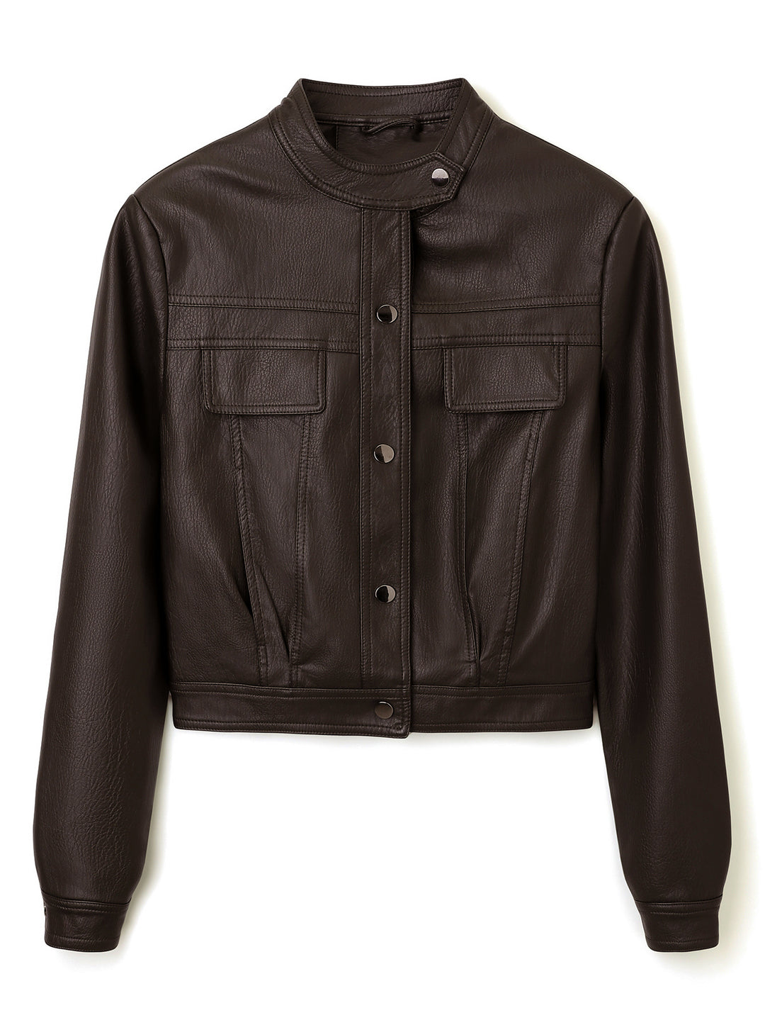 Damen Kurz geschnittene Lederjacke mit Stehkragen und Pattentaschen Shop Nory
