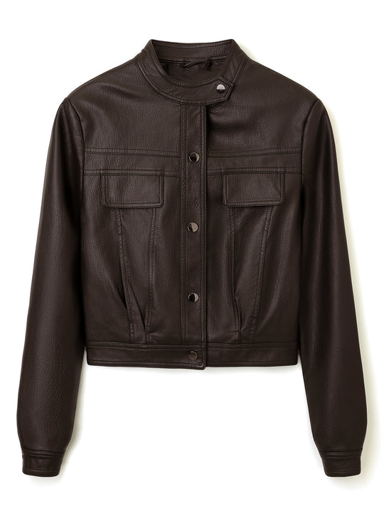 Damen Kurz geschnittene Lederjacke mit Stehkragen und Pattentaschen Shop Nory