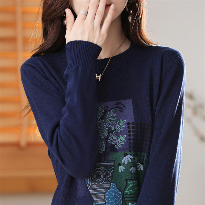 Damen Leichter Rundhalspullover mit grafischem Pflanzenprint und feinem Feinstrick Shop Nory