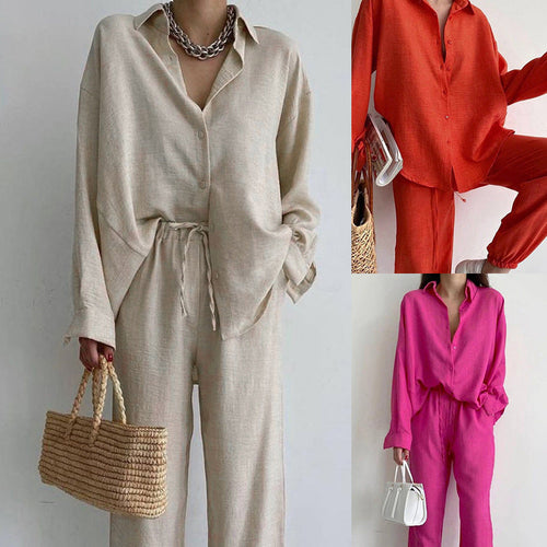 Damen lässiges Leinen Ensemble mit elegantem Hemd und weiter Hose