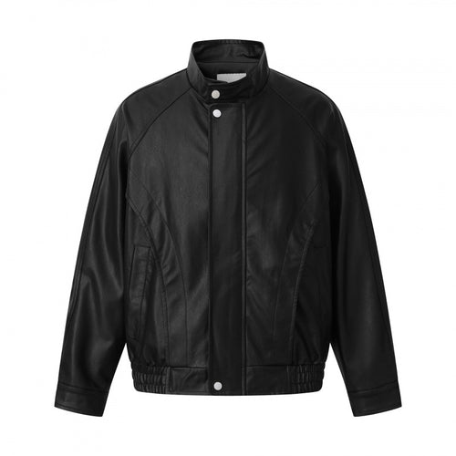 Unisex Kurz geschnittene kastige Kunstleder-Bomberjacke mit hohem Stehkragen, Druckknopfblende und elastischem Saum Shop Nory
