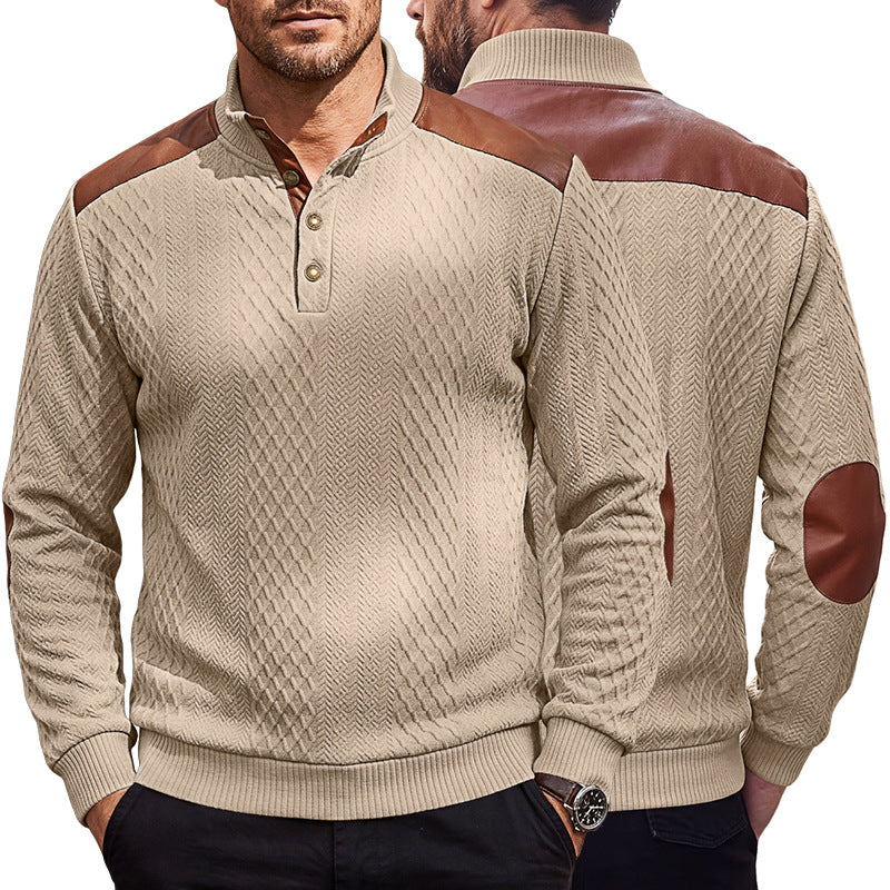 Herren Pullover mit Stehkragen, Zopfmuster und kontrastierenden Lederbesätzen Shop Nory