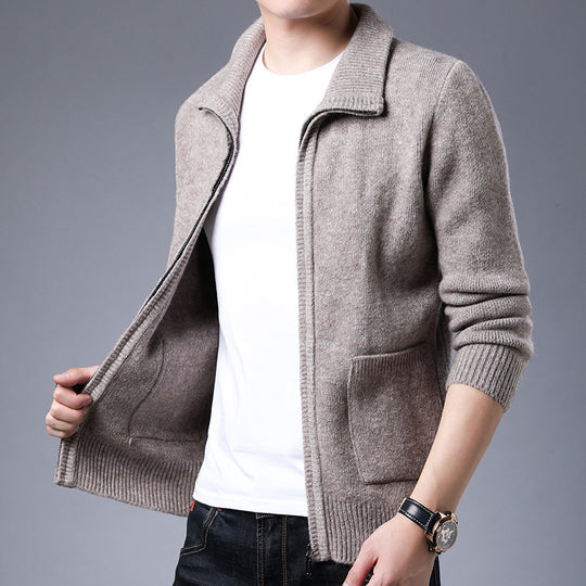 Herren Strickjacke mit durchgehendem Reißverschluss Stehkragen und aufgesetzten Taschen Shop Nory