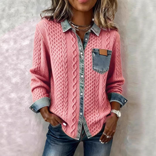 Damen nan geflochtener Strickpullover mit integriertem Jeanskragen und Brusttasche Shop Nory