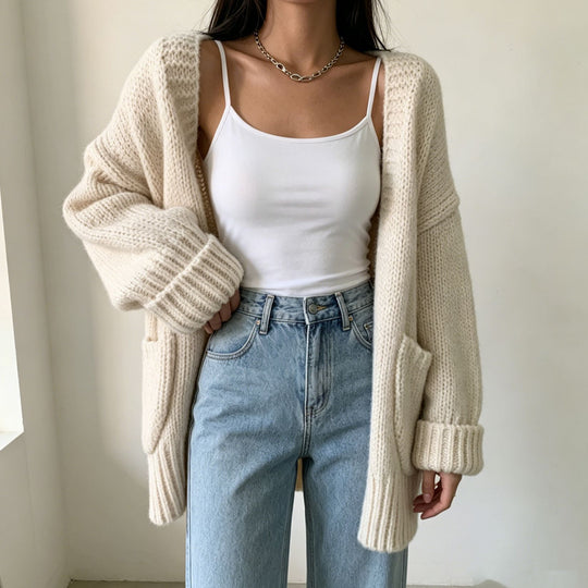 Damen Langer Offener Grobstrick-Cardigan mit aufgesetzten Taschen und gerippten Bündchen Shop Nory