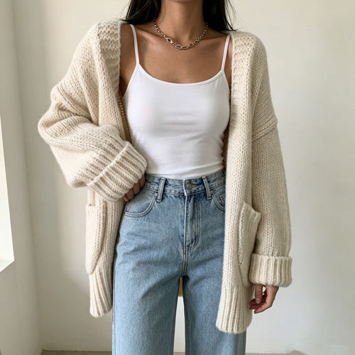 Damen Langer Offener Grobstrick-Cardigan mit aufgesetzten Taschen und gerippten Bündchen Shop Nory