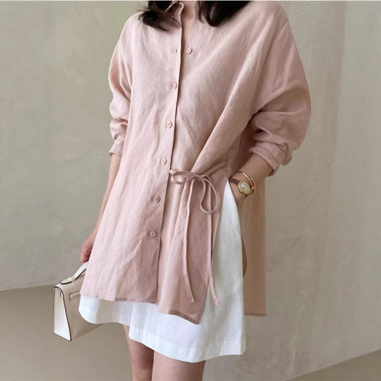 Damen Locker geschnittene Leinen‑Hemdbluse mit Stehkragen, Tunnelzug‑Taille und durchgehender Knopfleiste Shop Nory