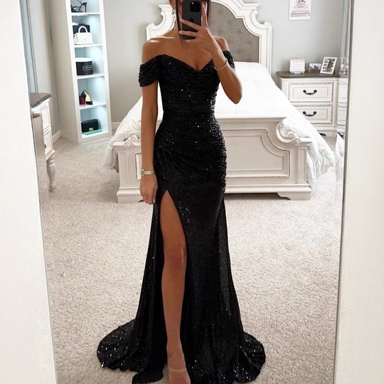 Damen Glamouröses Abendkleid mit schulterfreiem Schnitt und schimmerndem Stoff