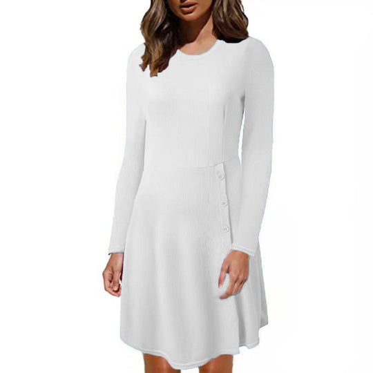 Damen Geripptes A‑Linien Kleid mit Rundhalsausschnitt, langen Ärmeln und seitlicher Knopfleiste Shop Nory
