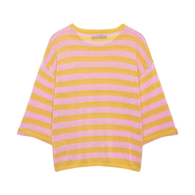 Damen Gestreifter Oversize-Strickpullover mit weitem dreiviertelärmel und Rundhalsausschnitt Shop Nory