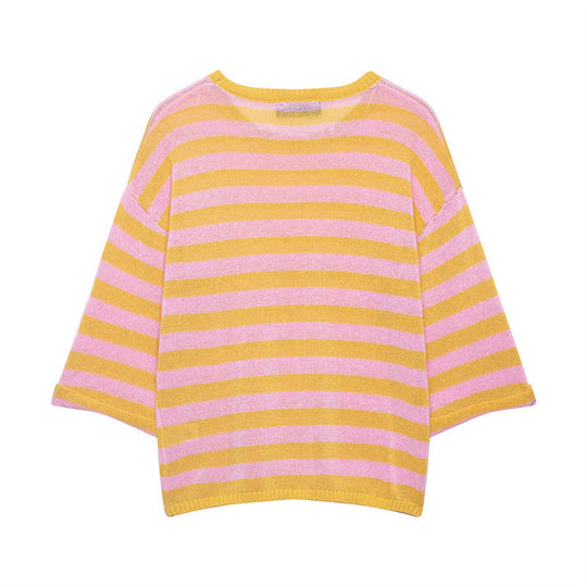 Damen Gestreifter Oversize-Strickpullover mit weitem dreiviertelärmel und Rundhalsausschnitt Shop Nory