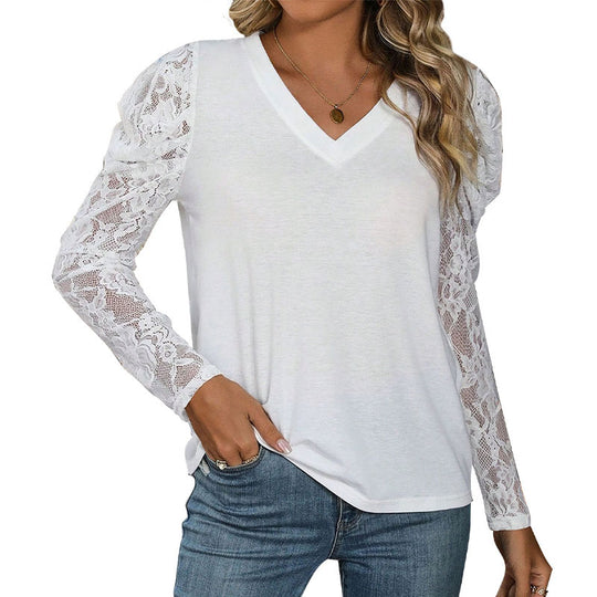Damen Spitzen-Longsleeve mit V-Ausschnitt und gerafften Schulter-Puffärmeln Shop Nory