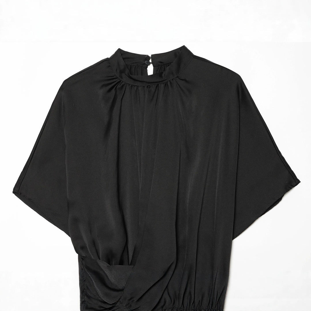 Damen Elegante Bluse mit Stehkragen, geraffter Taille und Volant-Saum Shop Nory