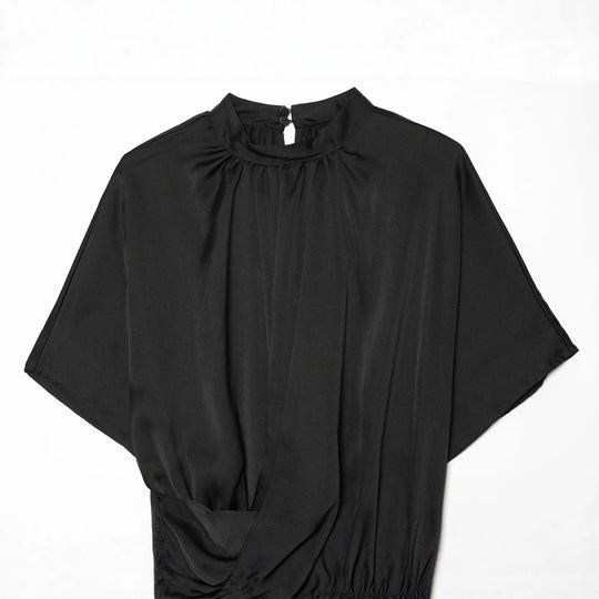 Damen Elegante Bluse mit Stehkragen, geraffter Taille und Volant-Saum Shop Nory