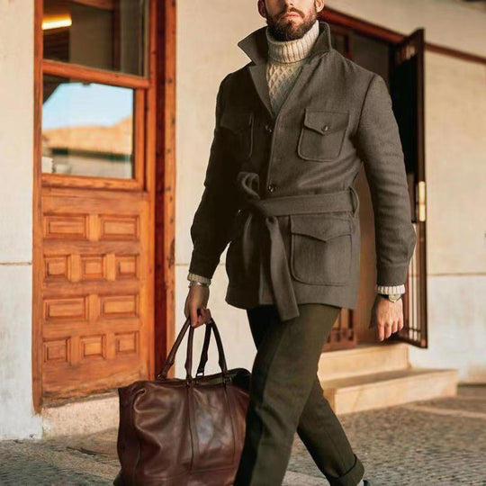 Herren multifunktionale Wool-Jacke mit Gürtel und Taschen