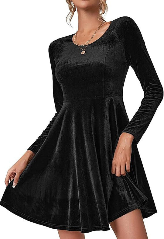 Damen Elegantes Samtkleid mit geschwungenem Saum und langen Ärmeln