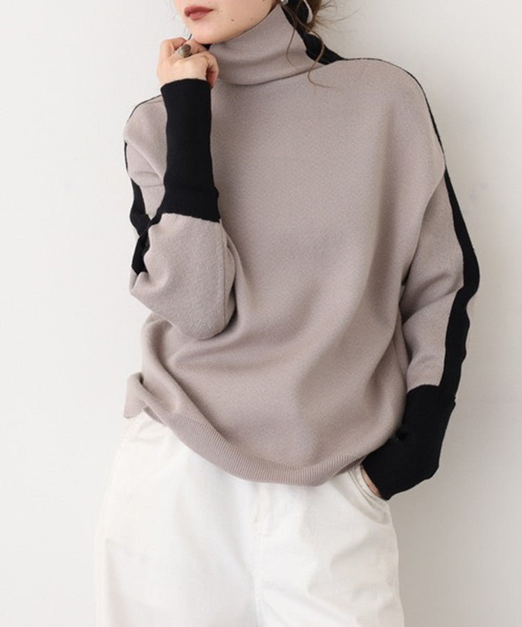 Damen Rollkragen-Feinstrickpullover mit weiten Raglanärmeln und Kontraststreifen Shop Nory