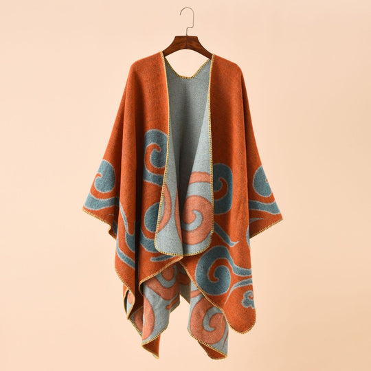 Damen Wollmix-Capeponcho im Ruana-Schnitt mit ornamentaler Intarsienstruktur Shop Nory