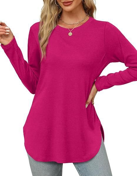 Damen Lässiges Longsleeve-Tunikaoberteil mit Rundhalsausschnitt, Seitenschlitzen und Aquarell-Blattprint Shop Nory