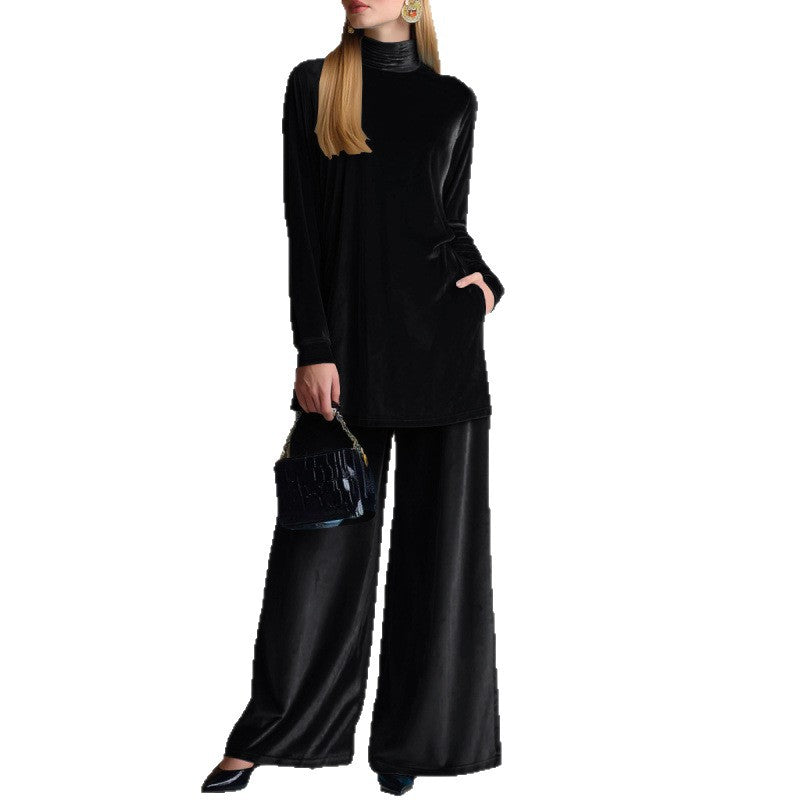 Damen Oversize-Samt-Set mit Rollkragen und weitem Palazzohose Shop Nory