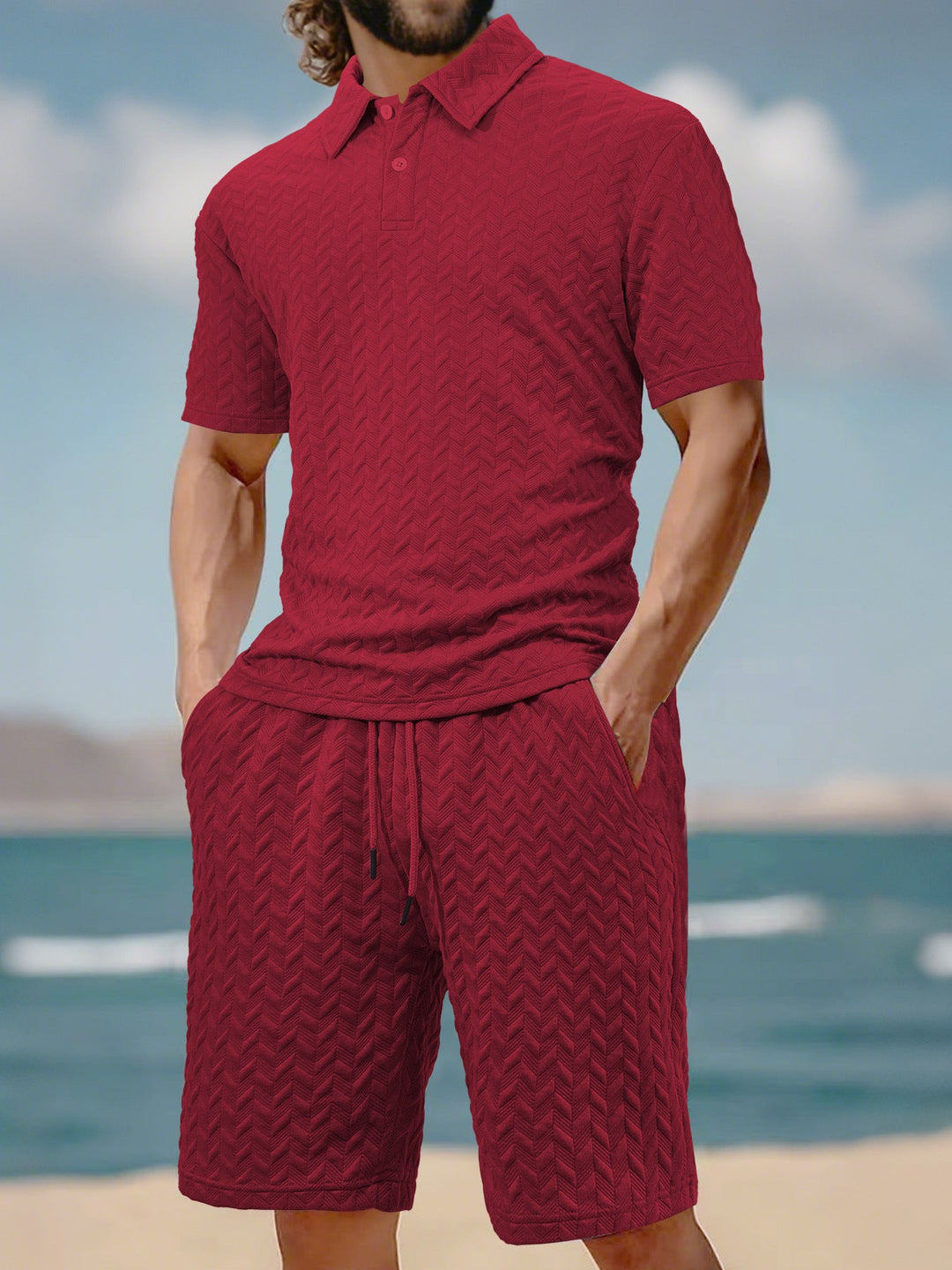 Herren nan geprägtes Strand-Ensemble mit offenem Kurzarm-Hemd und Kordel-Bermuda