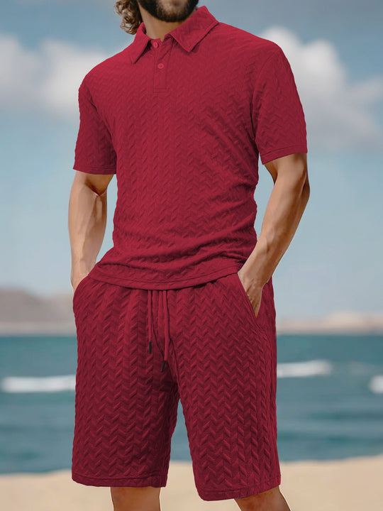 Herren nan geprägtes Strand-Ensemble mit offenem Kurzarm-Hemd und Kordel-Bermuda