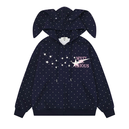 Damen Kapuzenjacke mit Hasenohren, Allover-Pünktchen und durchgehendem Reißverschluss Shop Nory