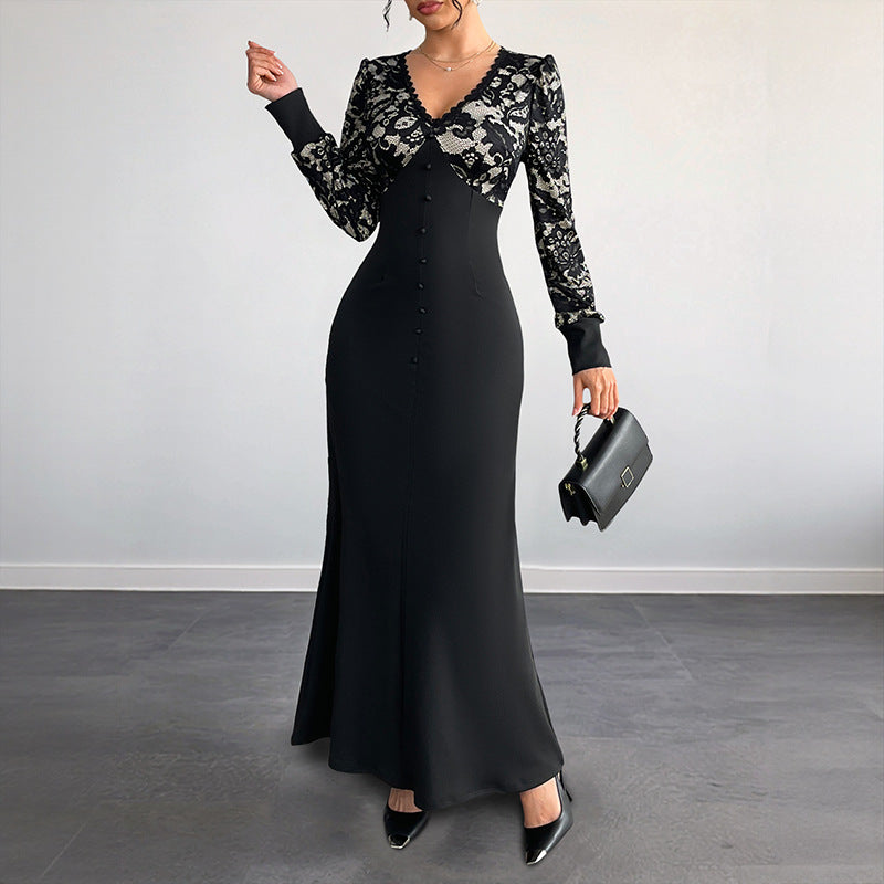 Damen Figurbetontes Maxikleid mit Spitzenoberteil, V‑Ausschnitt und Zierknopfleiste Shop Nory