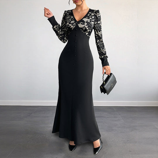 Damen Figurbetontes Maxikleid mit Spitzenoberteil, V‑Ausschnitt und Zierknopfleiste Shop Nory